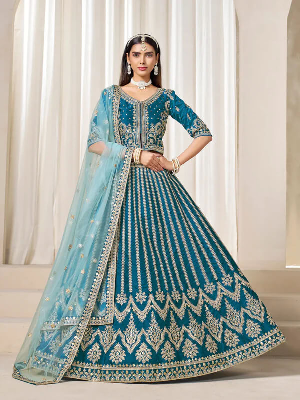 Peacock Blue Art Silk Lehenga with Thread & Sequins