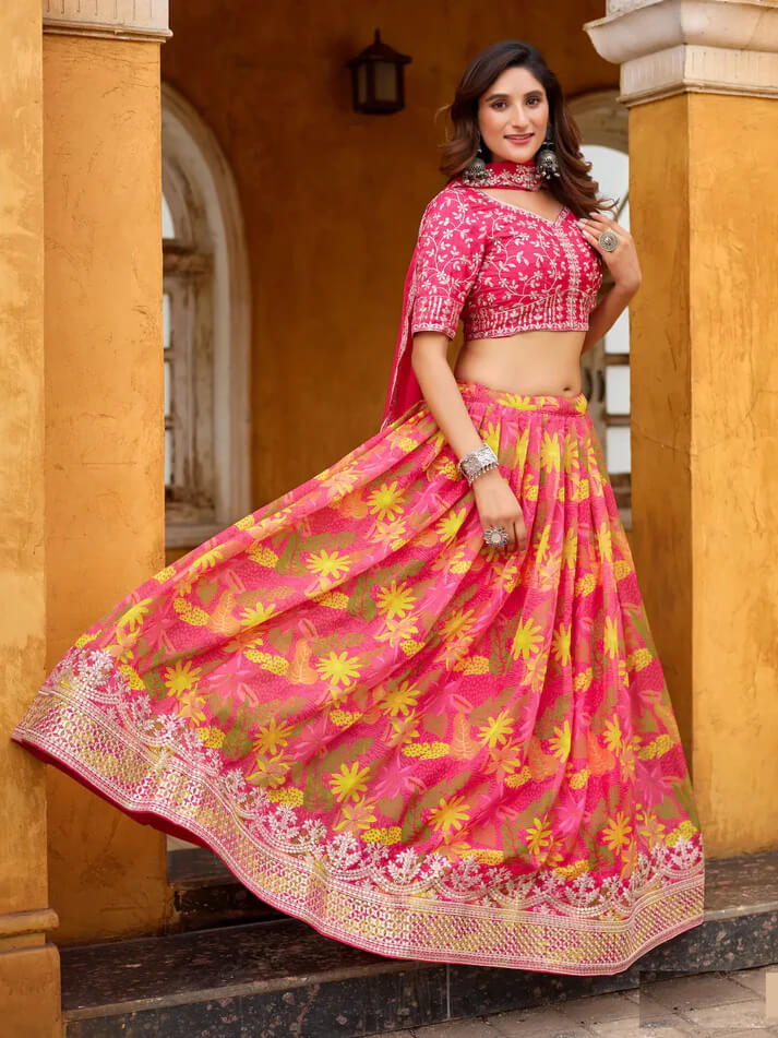 Hot Pink Taby Silk Lehenga with Floral Print & Embroider