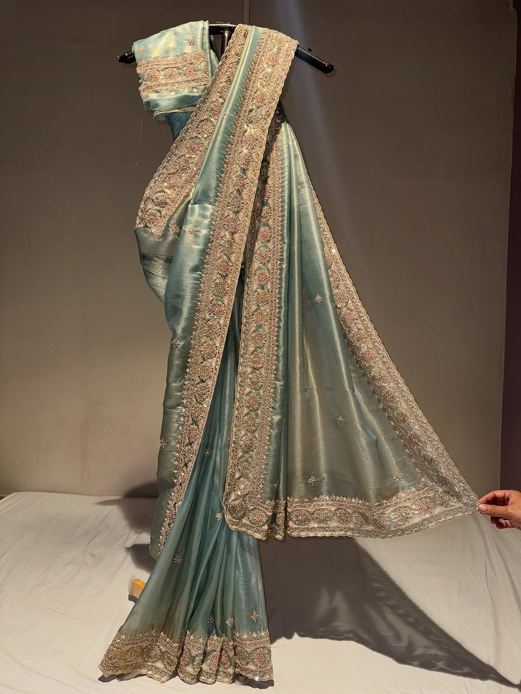 Powder Green Hand Embroidered Tissue Organza Silk Saree