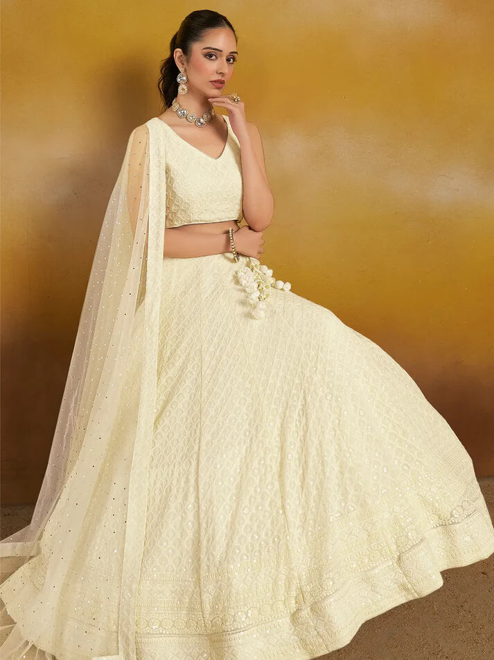 White Party Wear Lehenga with Sequins & Dupatta