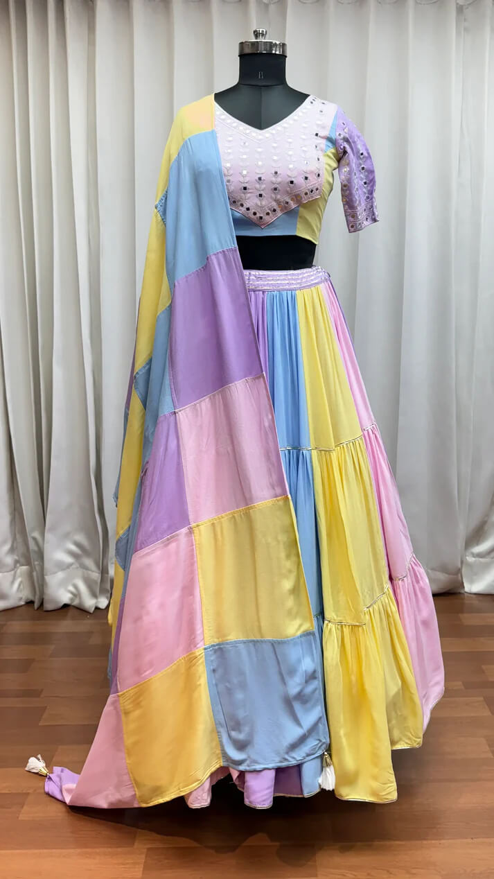 Navratri Light Multi Color Lehenga with Patch & Mirror