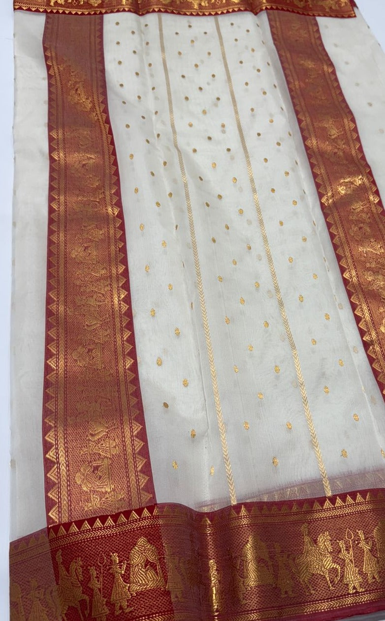 Pearl White Chanderi Handloom Katan Silk Nakshi Saree