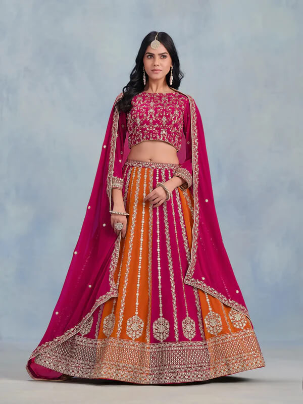 Designer Dark Pink-Orange Thread & Sequins Lehenga
