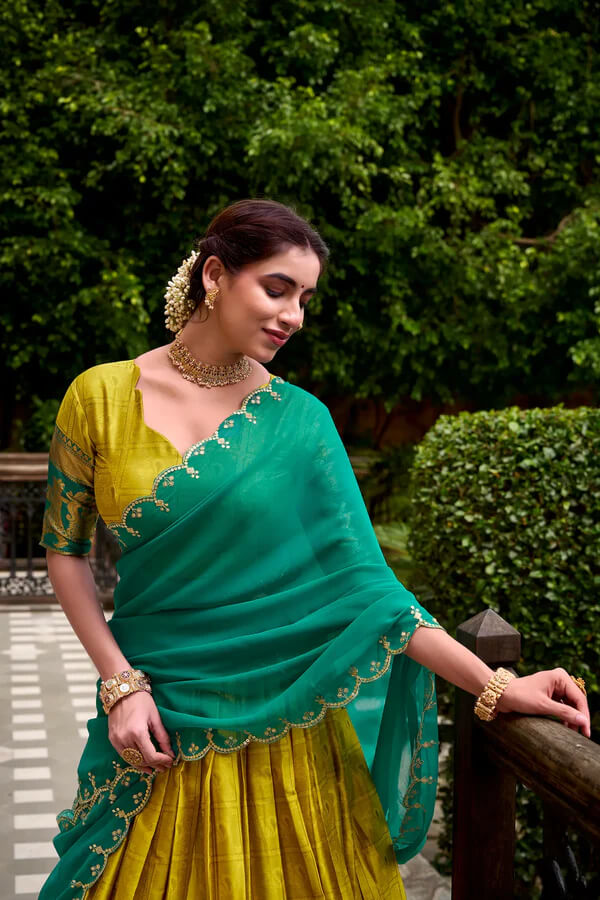Ethnic Burnt Yellow Cotton Lehenga with Zari Embroidery