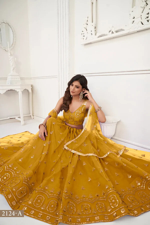 Mustard Embroidered Net Lehenga Choli