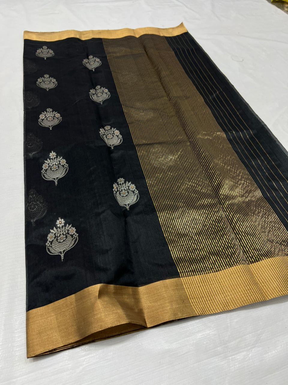 Black Chanderi Handloom Pattu Silk Meenakari Saree