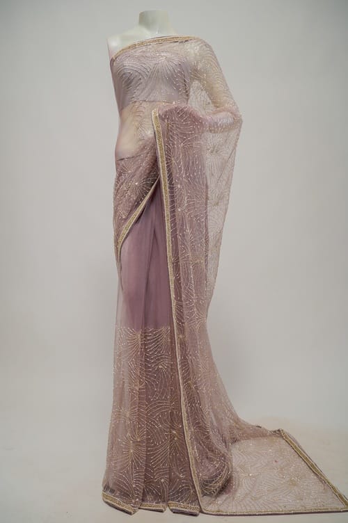 Pinkish Beige Hand Embroidered Soft Net Saree
