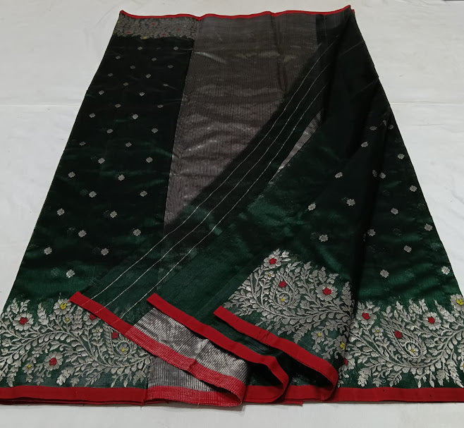 Bottle Green Chanderi Handloom Pattu Silk Meenakari Saree