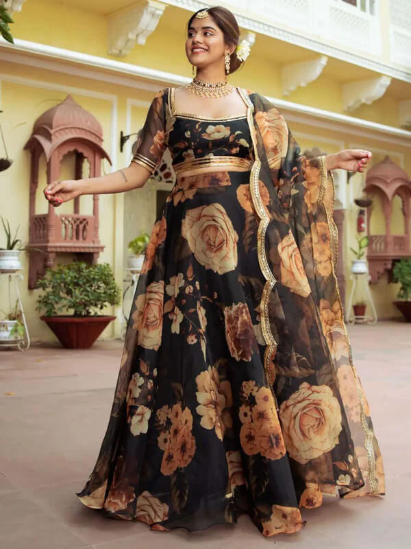 Black Organza Lehenga with Floral Print & Gota Patti