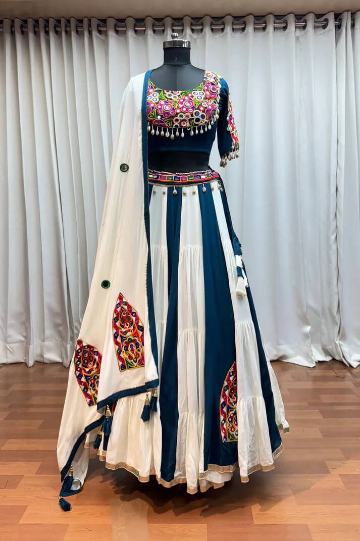 White & Teal Kutchi Mirror Work Navratri Lehenga Choli