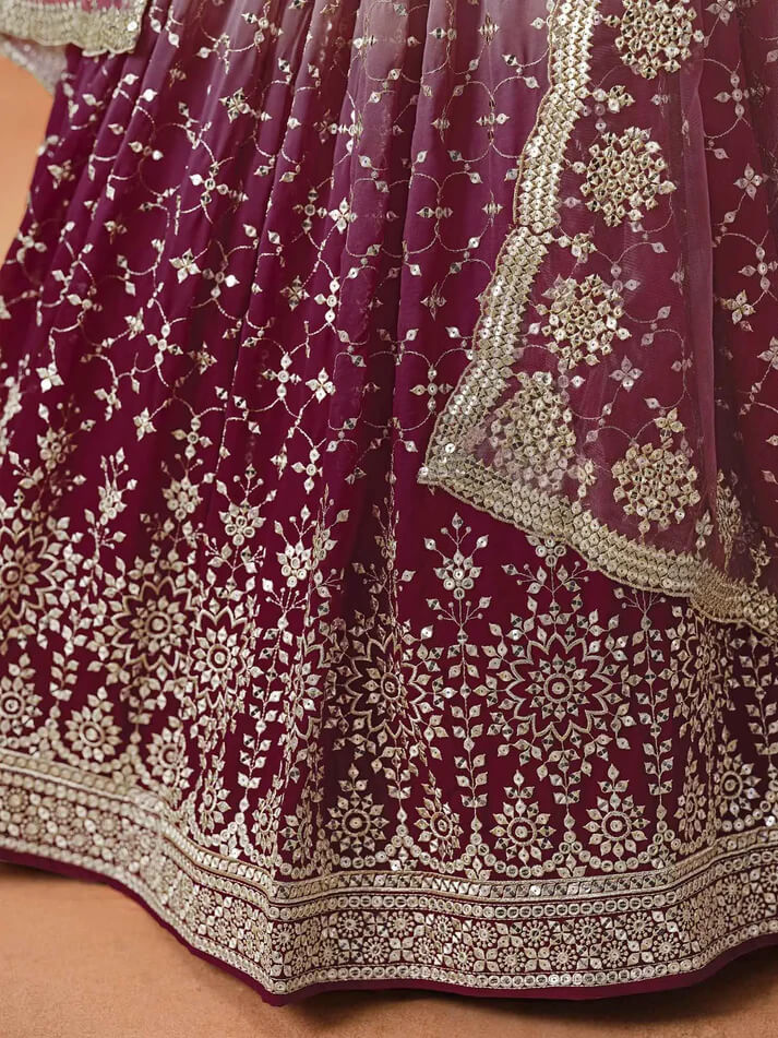 Maroon-Mauve Gradient Georgette Lehenga with Zari & Sequins