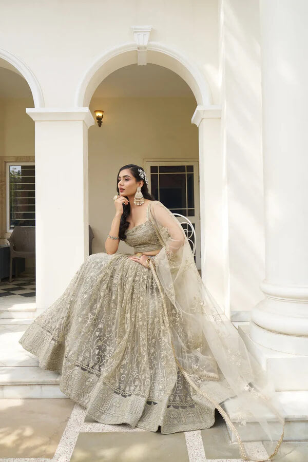Elegant Ivory Net Embroidered Lehenga Choli