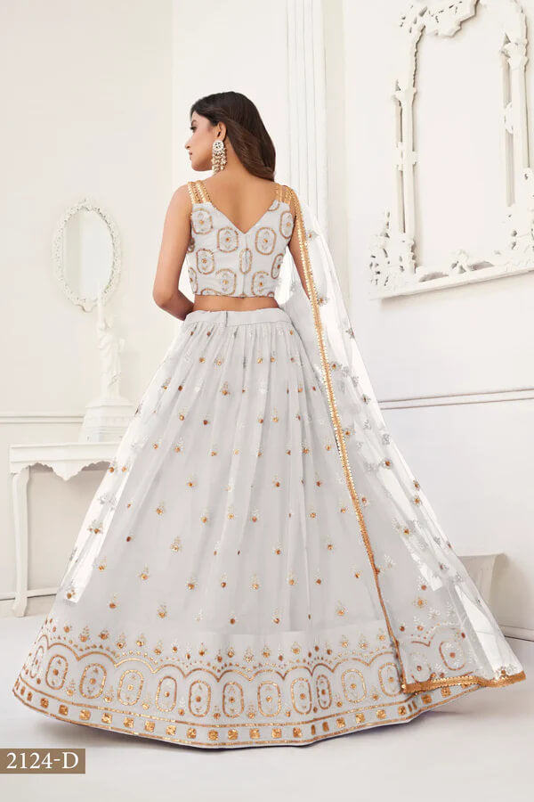 Off White Thread Embroidered Net Lehenga Choli