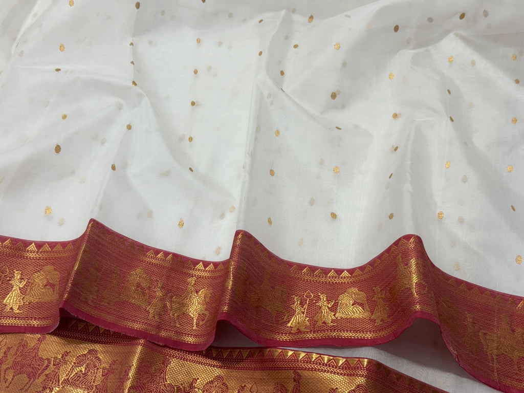 Pearl White Chanderi Handloom Katan Silk Nakshi Saree