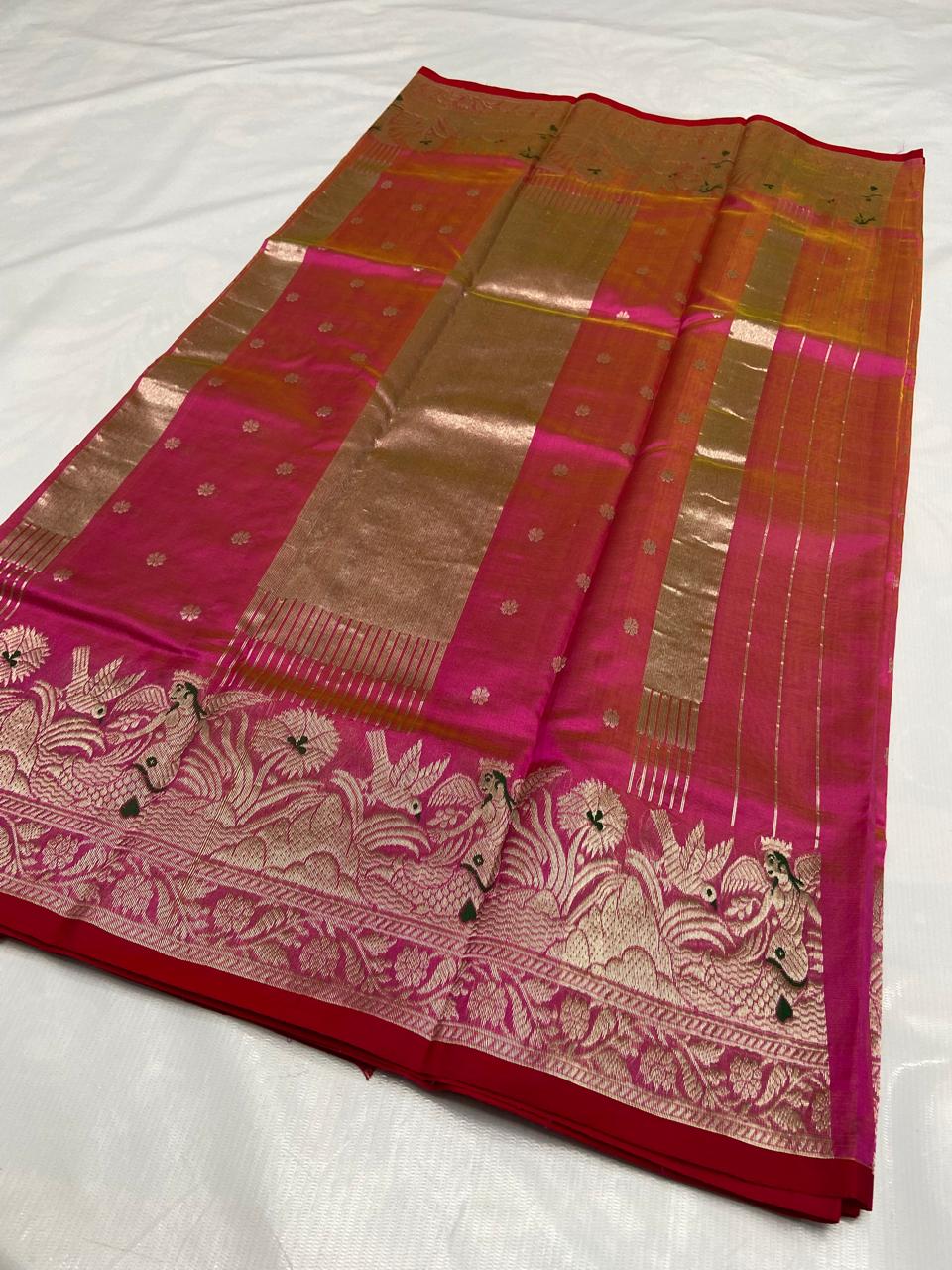 Hot Pink Chanderi Handloom Pattu Silk Meenakari Handwork Saree