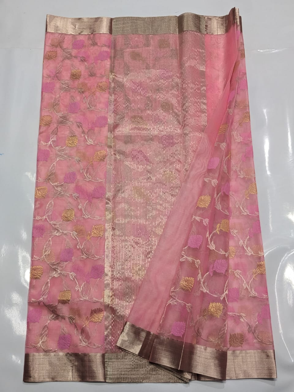 Baby Pink Chanderi Handloom Katan Silk Meenakari Saree