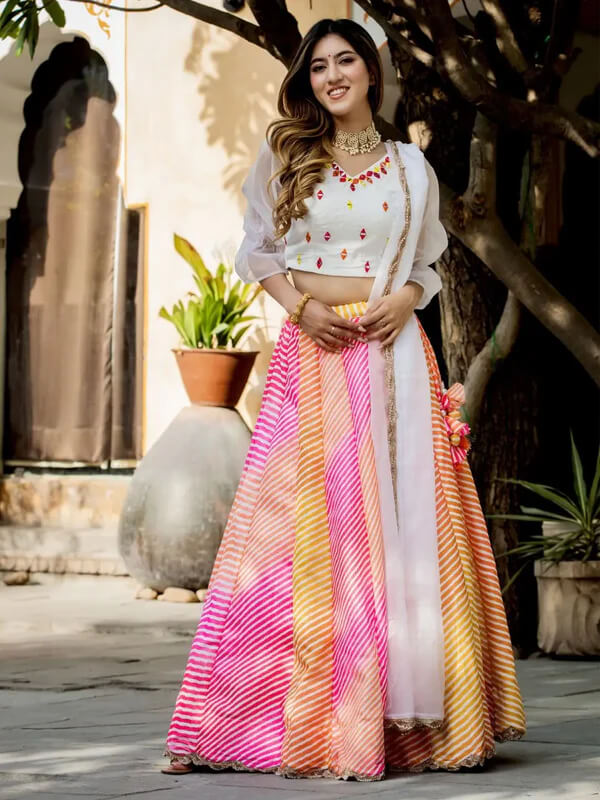 Multi Color Organza Lehenga with Pearl & Mirror Work