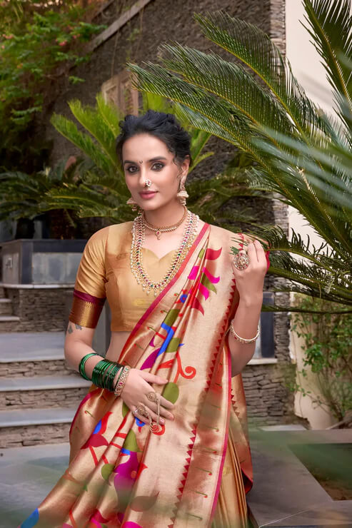Elegant Beige Jacquard Silk Paithani Lehenga Choli with Zari Weaving