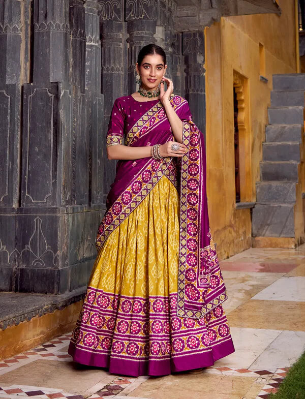 Mustard Yellow Silk Lehenga with Vibrant Ikkat Patterns
