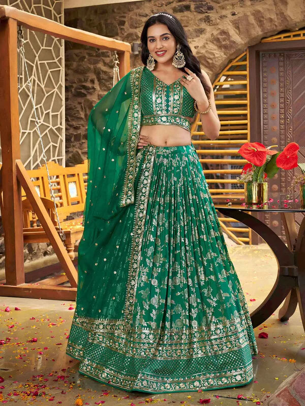 Teal Green Jacquard Lehenga with Zari & Sequins Work