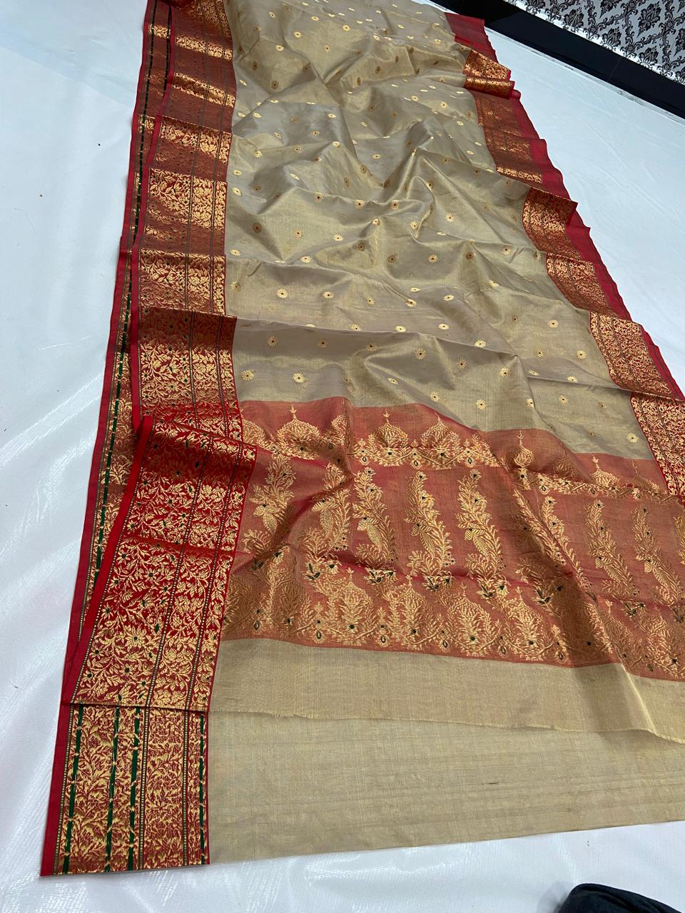 Beige Chanderi Handloom Katan Tissue Silk Meenakari Saree