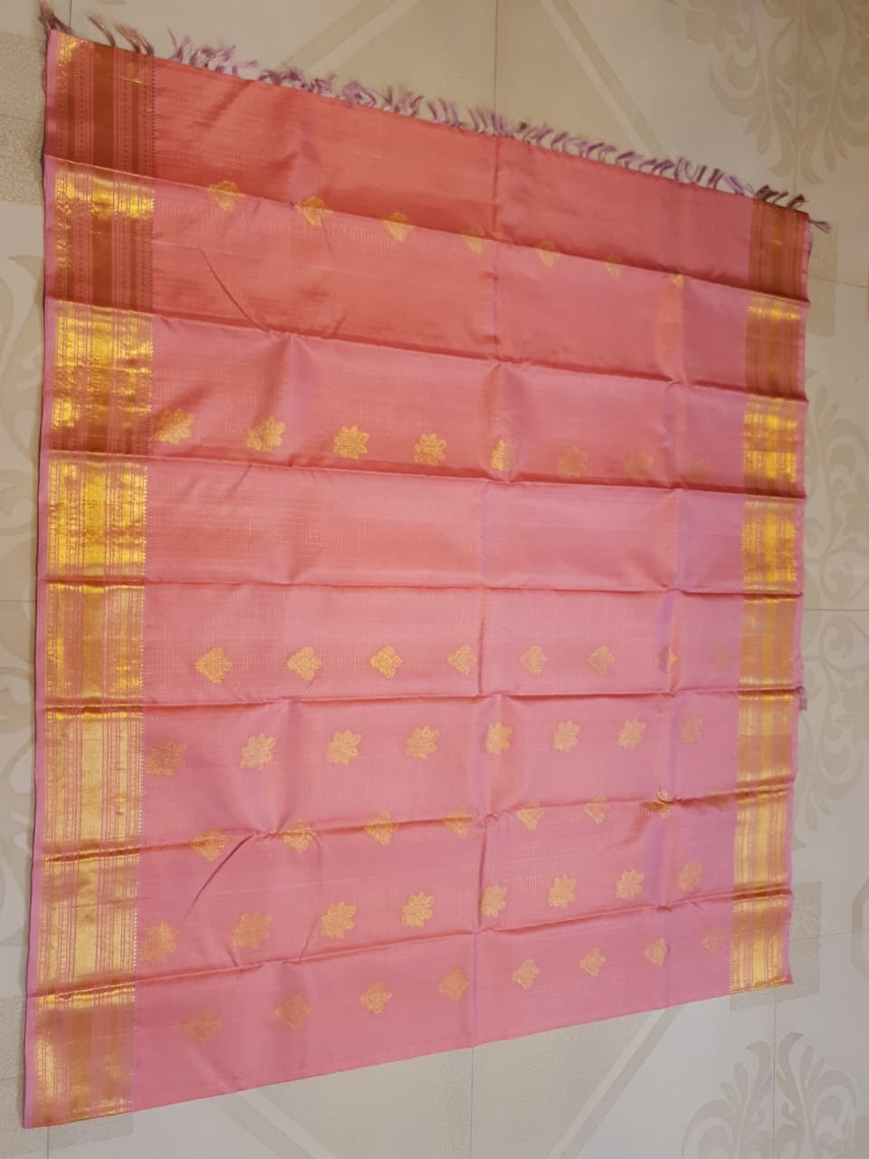 Peach Kanchipuram Handloom 2G Gold Vairaoosi Silk Saree