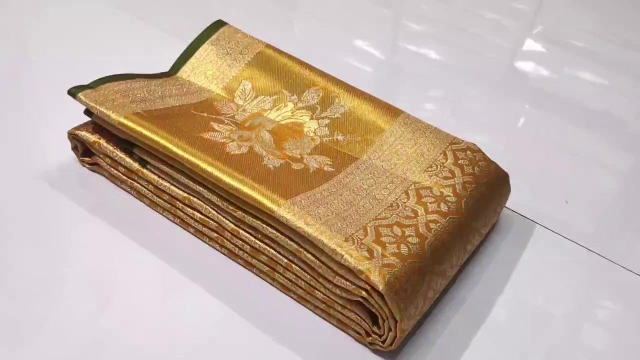 Gold Kanchipuram Handloom Tissue Brocade Silk Saree