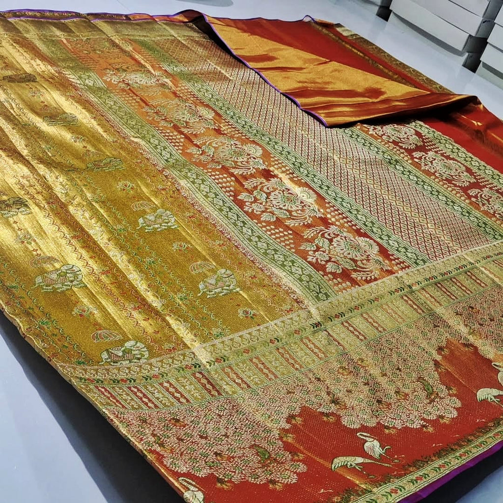 Gold Kanchipuram Handloom Tissue Brocade 1G Gold Bridal Saree