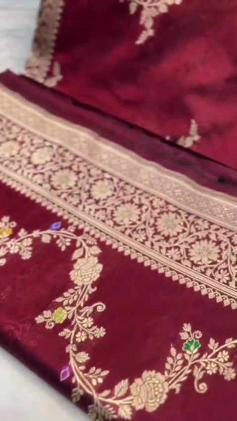 Maroon Banarasi Handloom Katan Silk Kaduwa Meenakari Saree