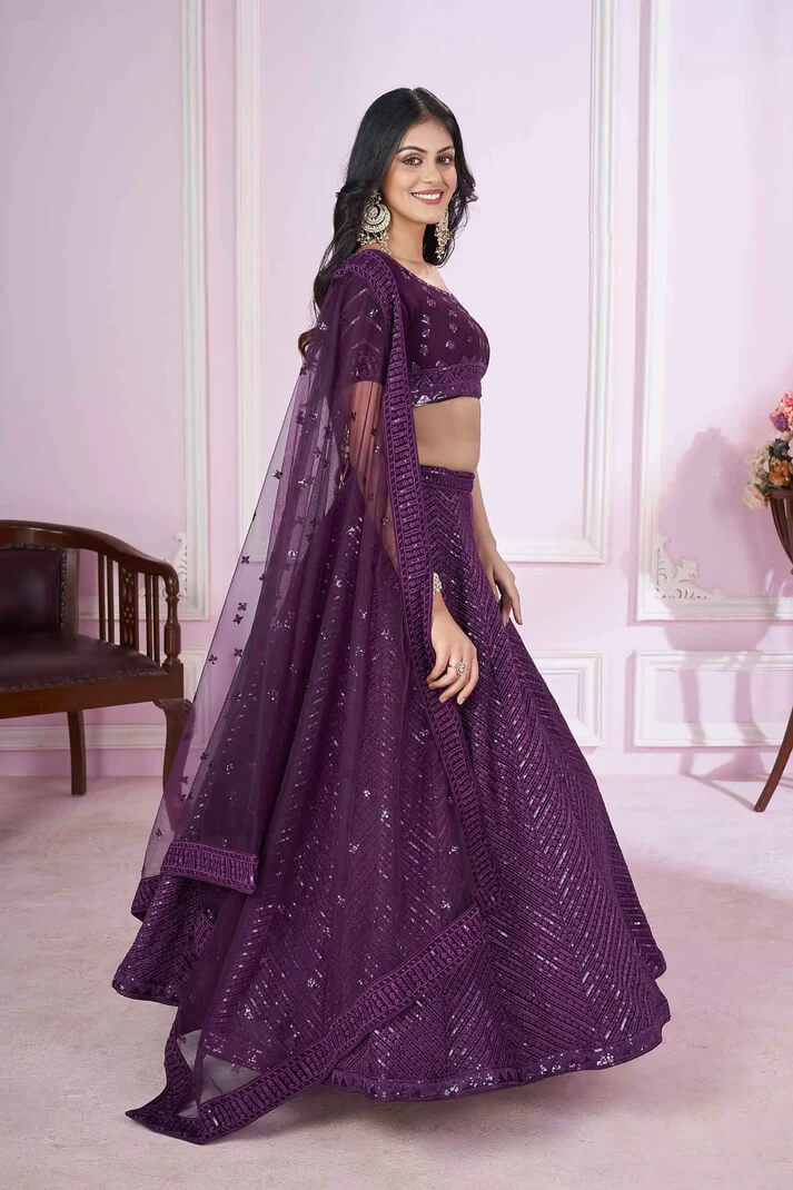 Purple Georgette Lehenga with Sequins & Thread Embroidery
