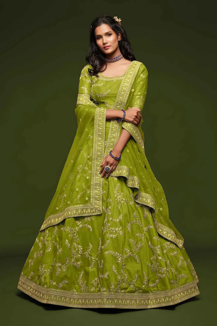 Neon Silk Lehenga with Thread, Zari & Sequins Work
