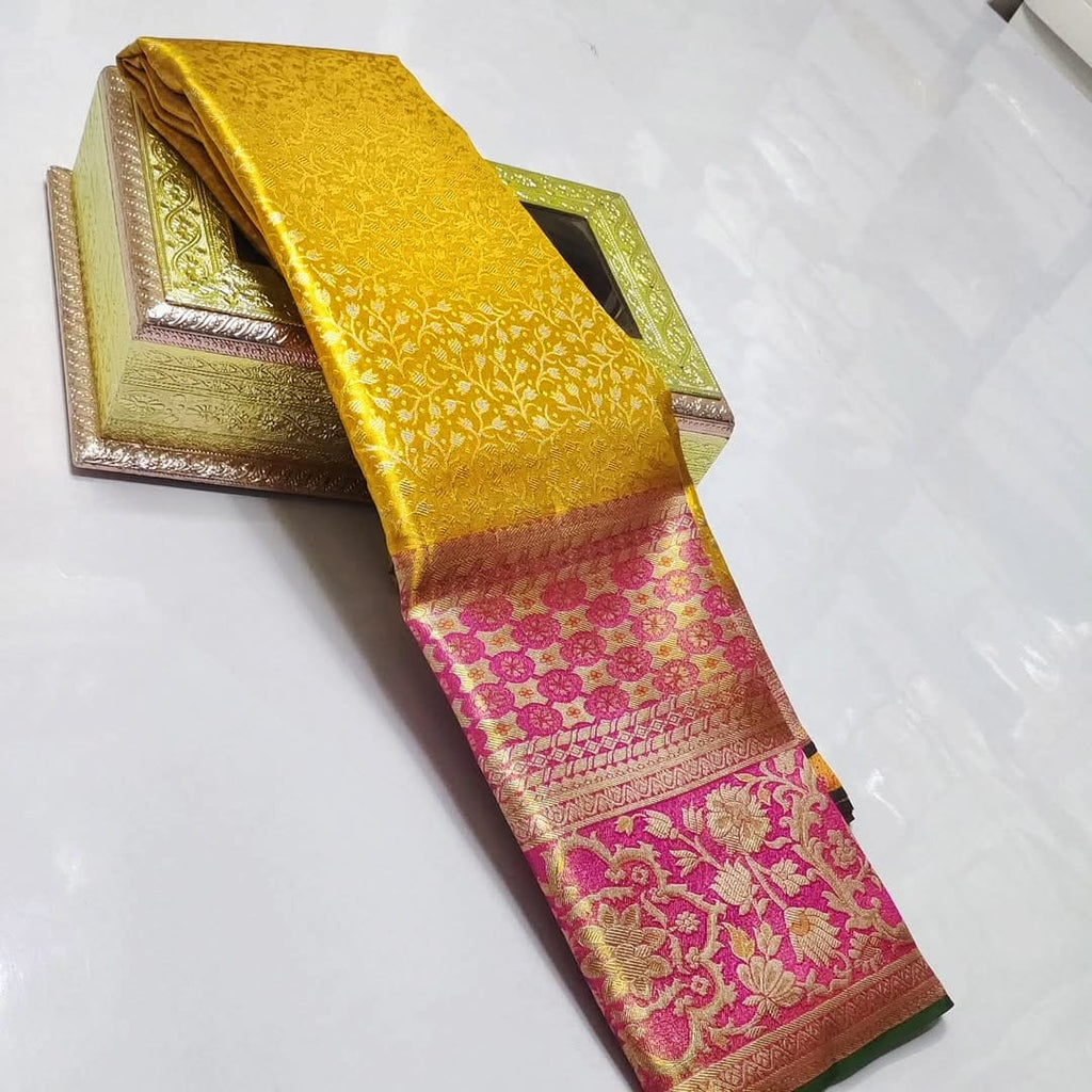 Golden Yellow Kanchipuram Handloom Tissue Brocade Meenakari Silk Saree