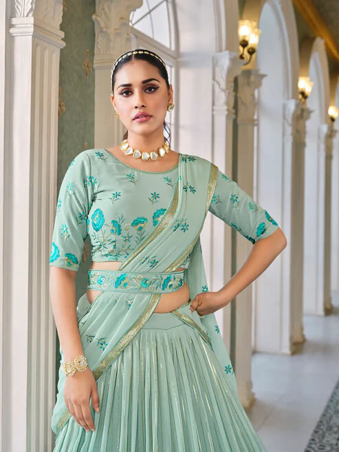 Elegant Light Green Embroidered Georgette Lehenga Choli