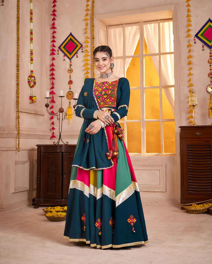 Teal Blue Multi Color Mirror & Thread Work Navratri Lehenga