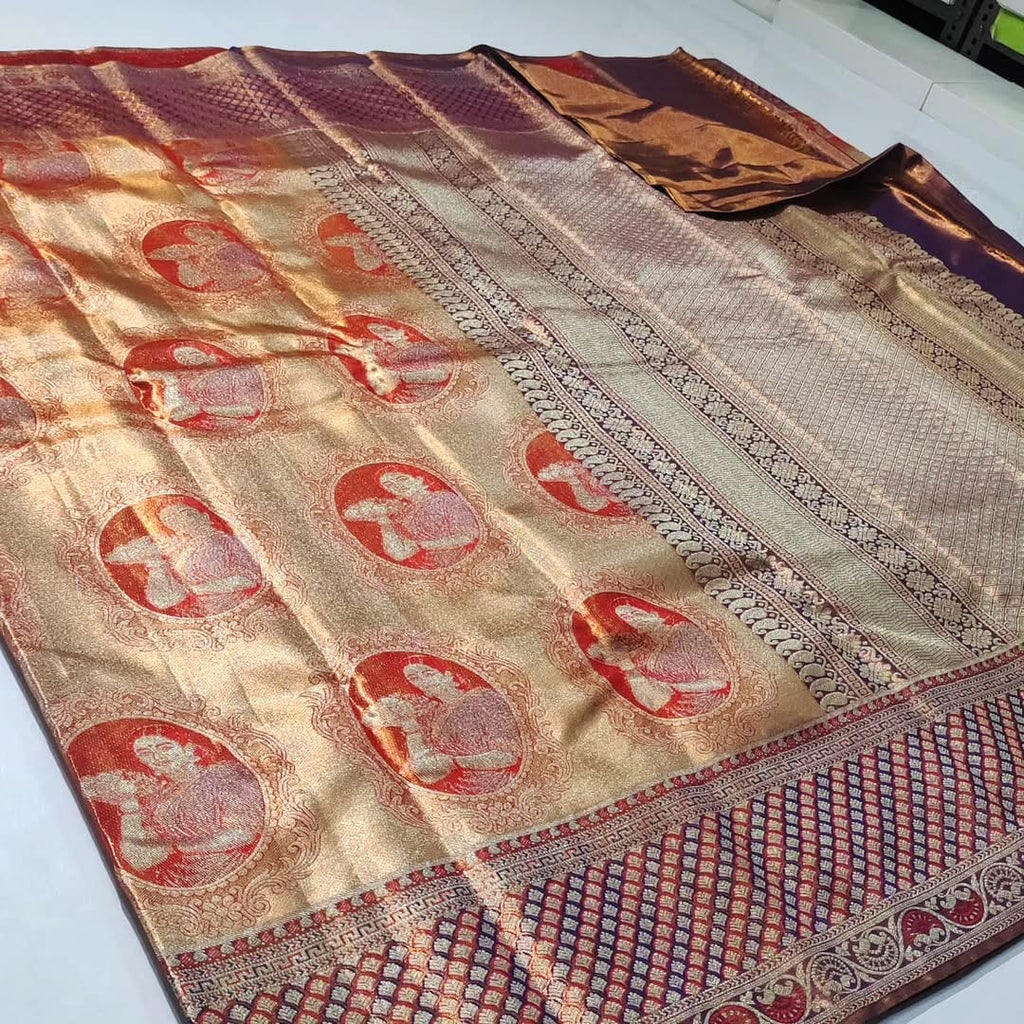 Coral Kanchipuram Handloom Tissue Brocade Meenakari Silk Saree