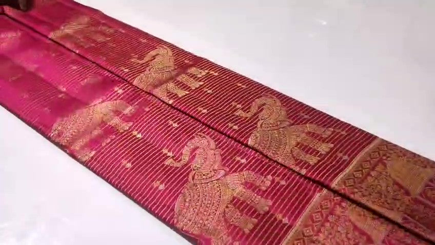 Mørkelyserød Kanchipuram håndvævet vævsbrokade Meenakari silkesari