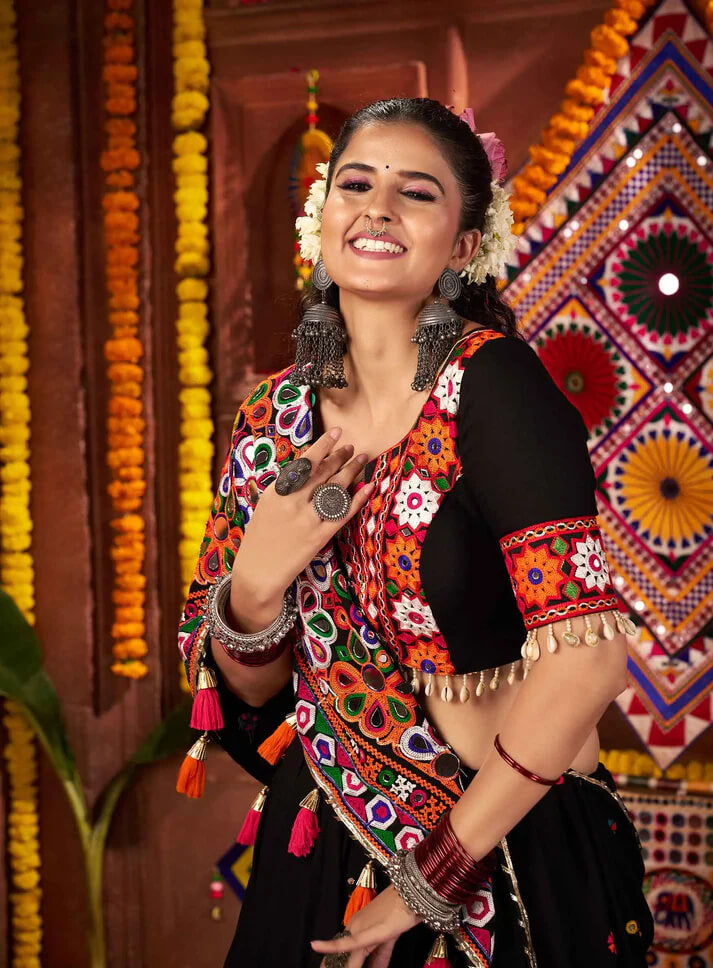 Designer Black Mirror & Thread Work Navratri Lehenga