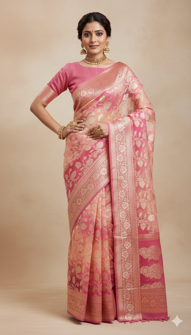 Onion Pink Banarasi Handloom Rangkat Kora Tissue Silk Saree