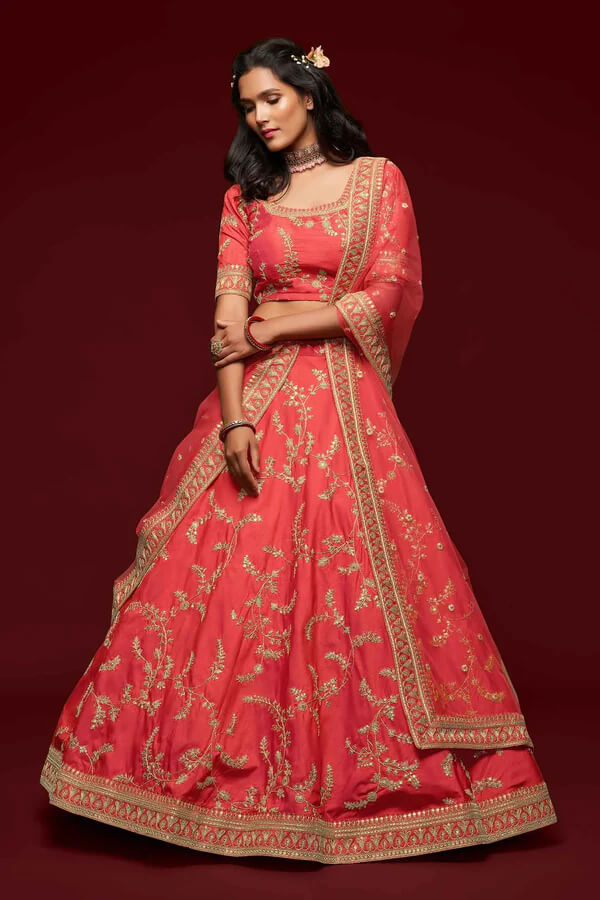 Bean Red Silk Lehenga with Thread, Zari & Sequins Work