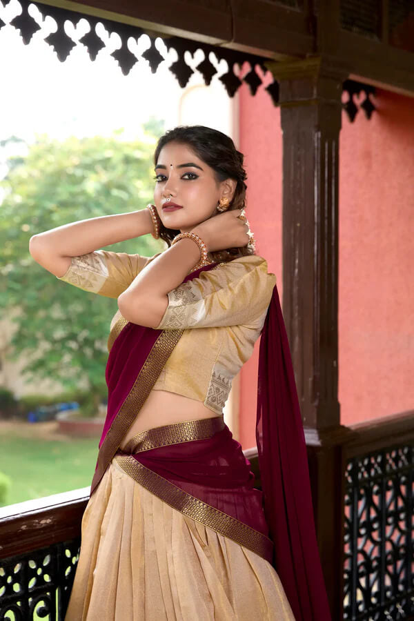 Beige Kanchipuram Silk Lehenga Choli with Elegant Zari Work