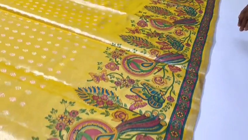 Golden Yellow Kanchipuram Handloom Kalamkari Tissue Silk Saree