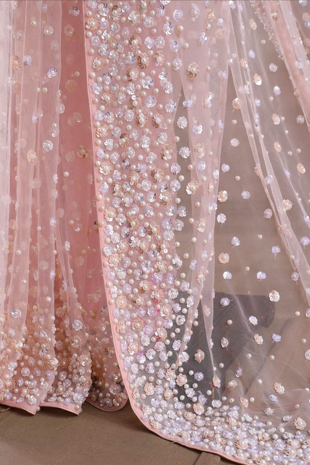 Baby Pink Hand Embroidered Satin Net Saree