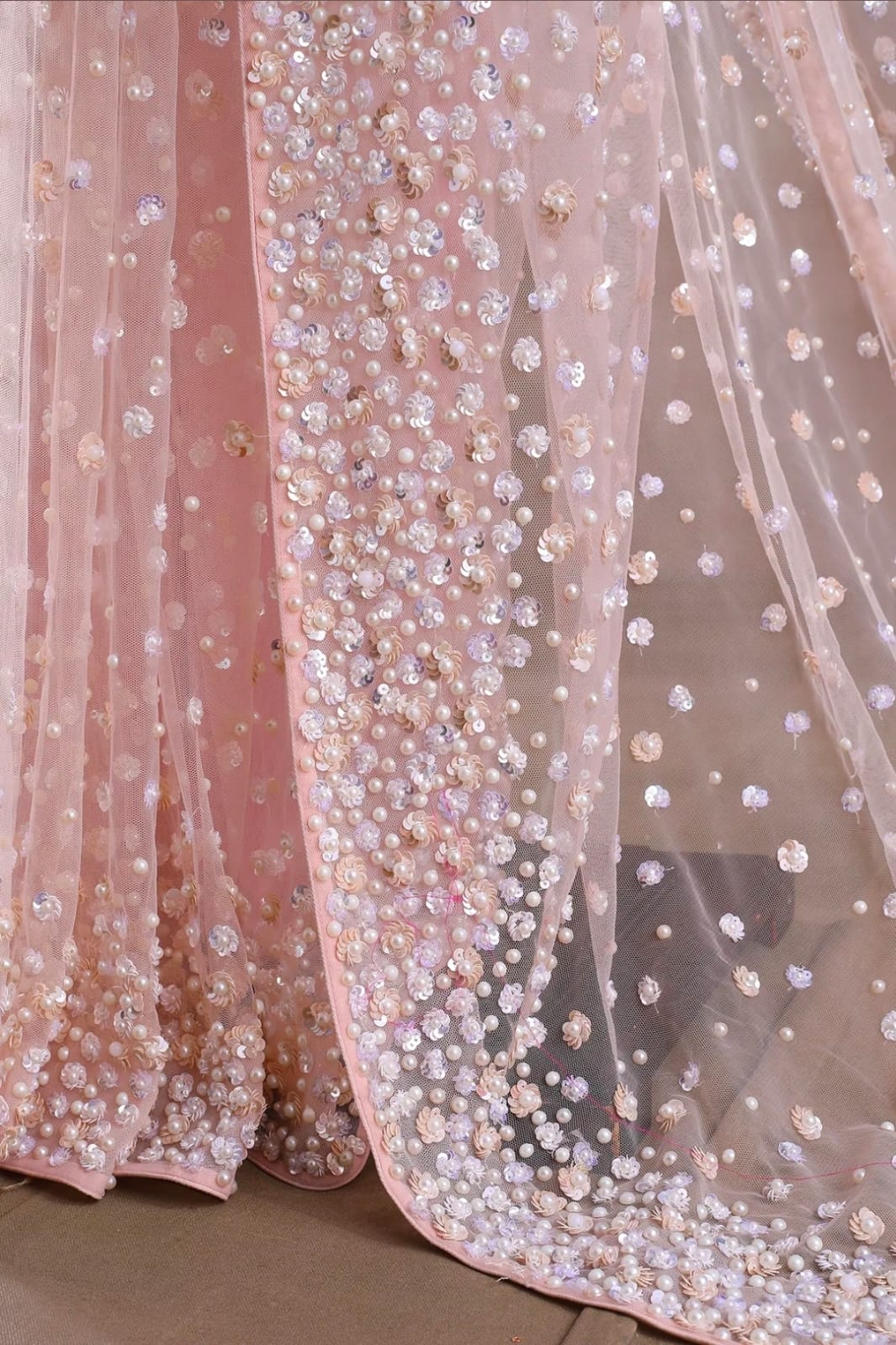 Baby Pink Hand Embroidered Satin Net Saree