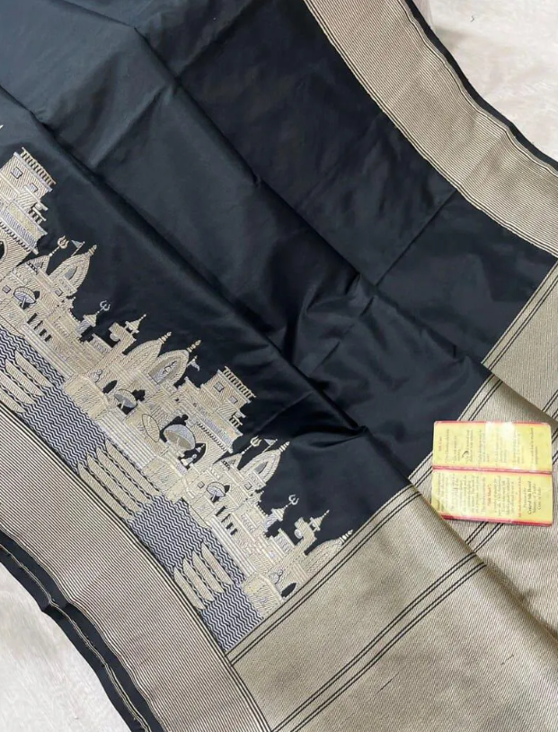 Black Banarasi Handloom Katan Silk Kashi Ghat Meenakari Saree