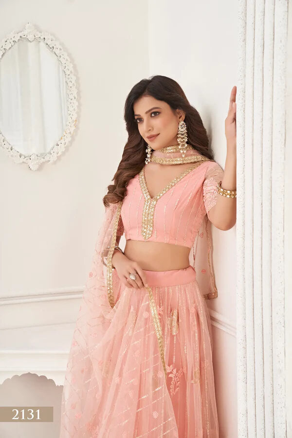 Elegant Peach Net Embroidered Lehenga Choli