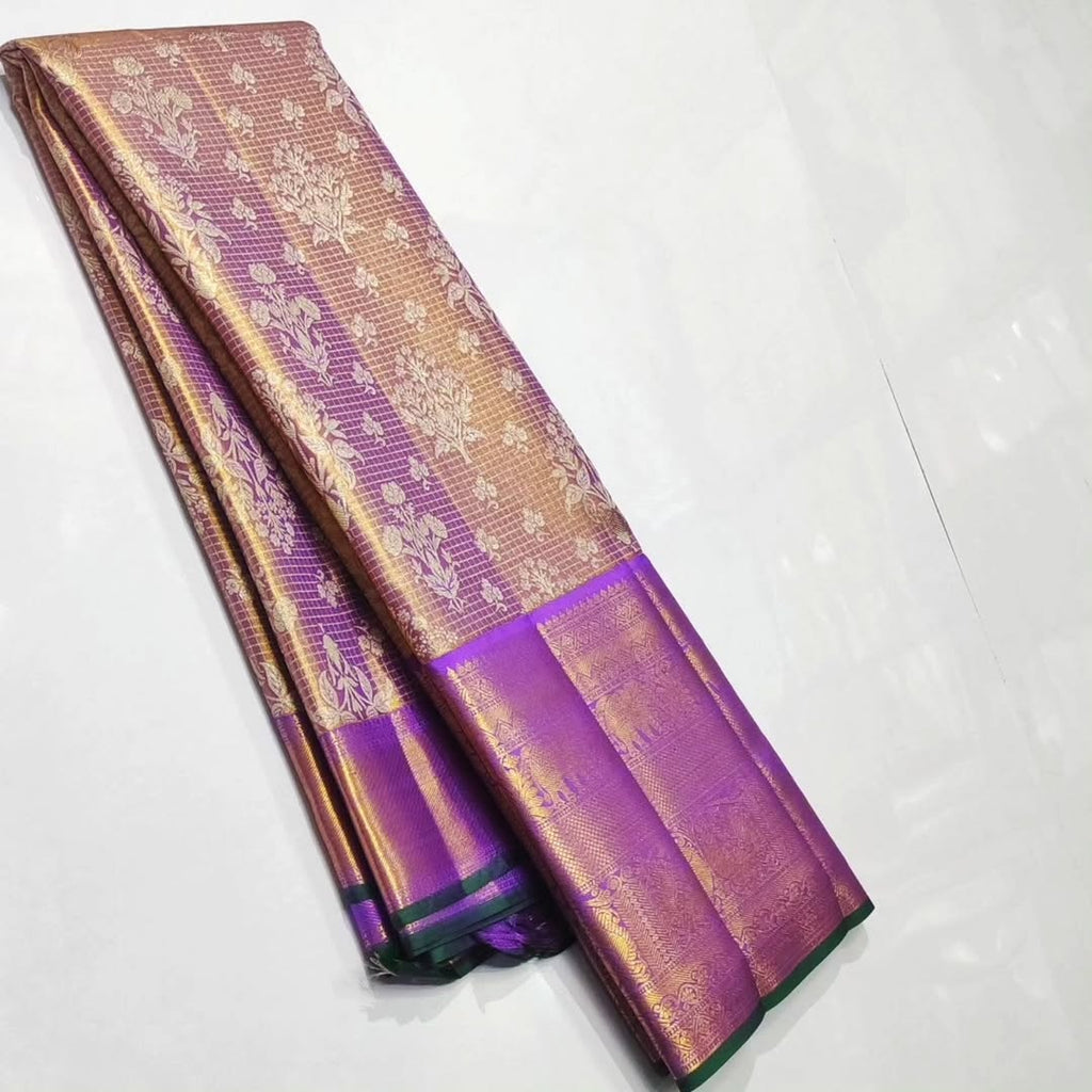 Lavendel Kanchipuram Håndvævet Brokade Meenakari Silkesari