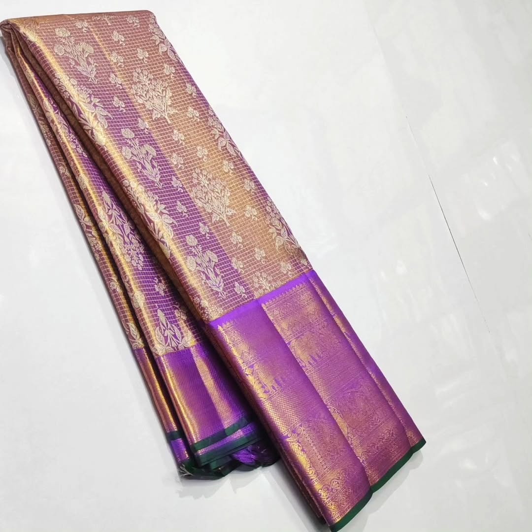 Lavendel Kanchipuram Håndvævet Brokade Meenakari Silkesari