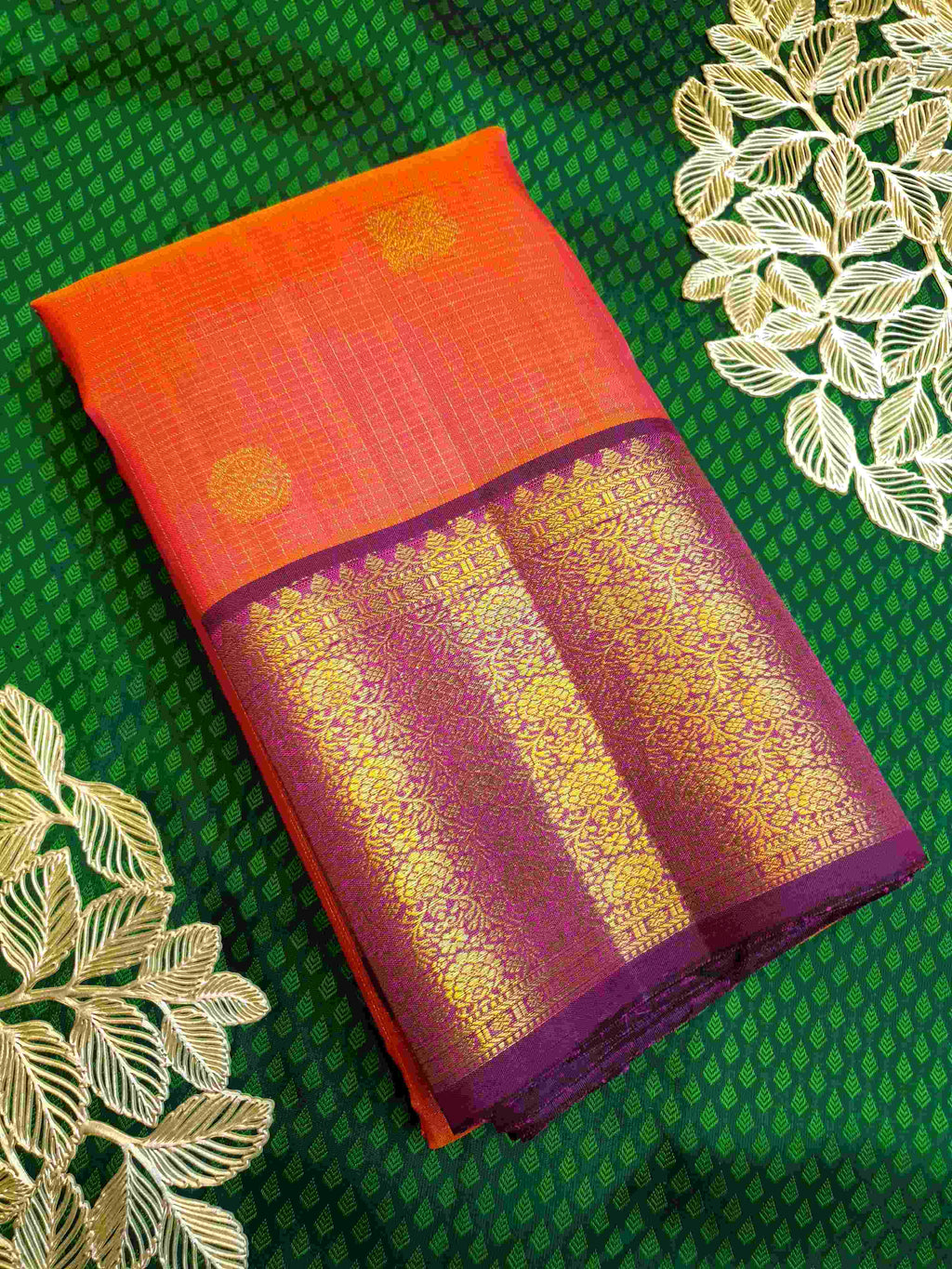 Orange Red Kanchipuram Handloom 2G Pure Gold Vairaoosi Silk Saree