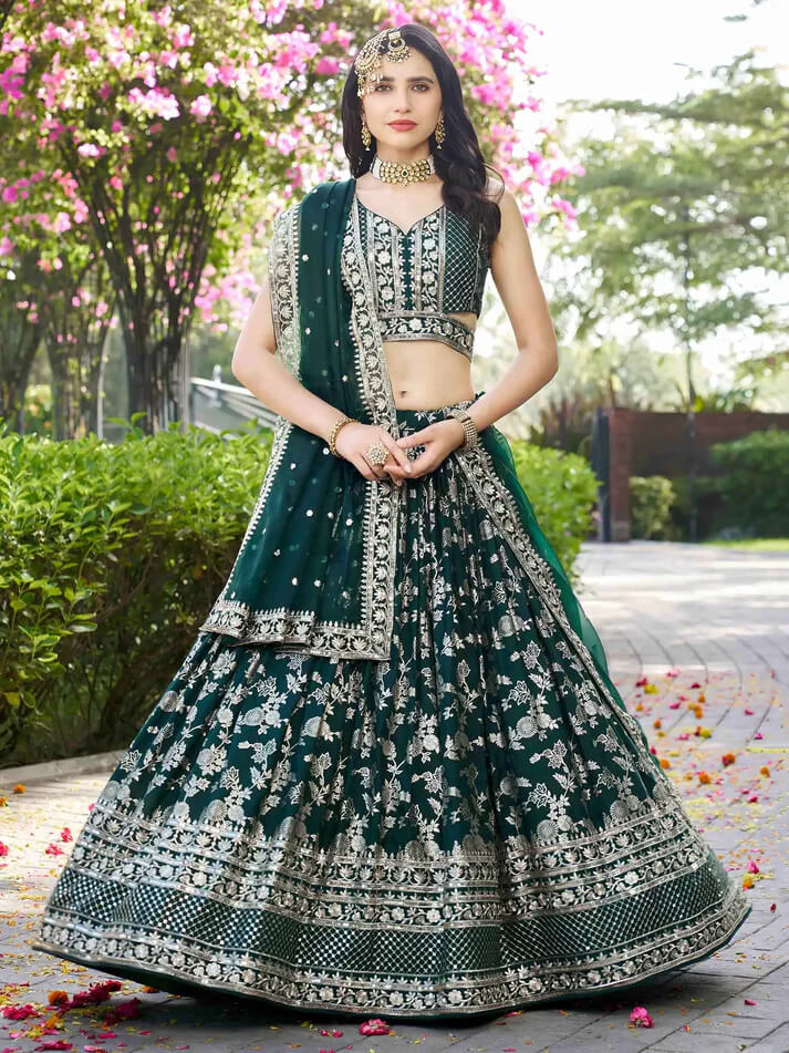 Green Jacquard Lehenga with Zari & Sequins Work