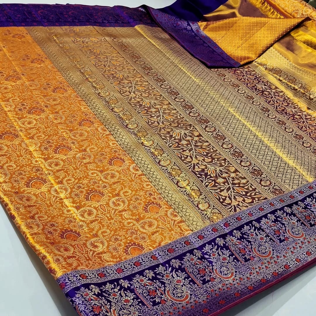 Gold Kanchipuram Handloom Tissue Brocade Meenakari Silk Saree
